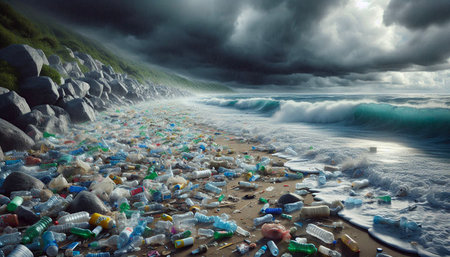 Polluted beach with plastic bottles and debris during sunset, highlighting ocean pollution issuesの写真素材