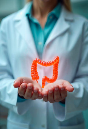 Doctor Holding a Realistic Colon Model, Digestive Health and Medical Care Conceptの写真素材