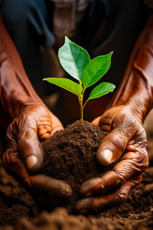 Hands Gently Holding a Young Plant with Soil, Earth Day Conceptの写真素材