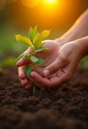 Hands Gently Holding a Young Plant with Soil, Earth Day Concept