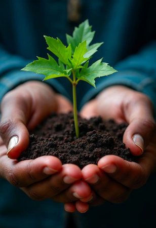 Hands Gently Holding a Young Plant with Soil, Earth Day Conceptの写真素材