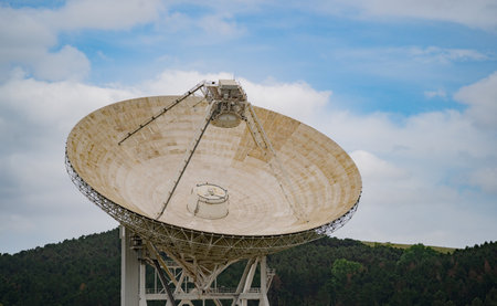 view of a large parabolic radio telescope Sardinia RST dish used for deep space observation