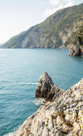 Historic Church of St. Peter in Portovenere, built on rocky cliffs overlooking the Ligurian Sea.