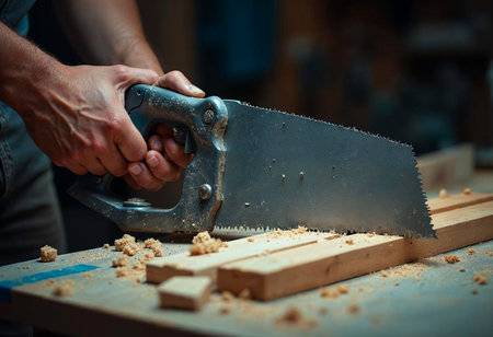 Manual saw cutting through wood plank on workbench during carpentry projectの写真素材