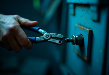 Close-up of hands with pliers adjusting metal componentsの写真素材