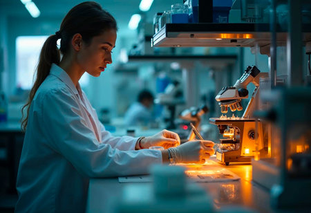 Close-up of hands working with microchip and tester on motherboardの写真素材