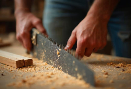 Manual saw cutting through wood plank on workbench during carpentry projectの写真素材