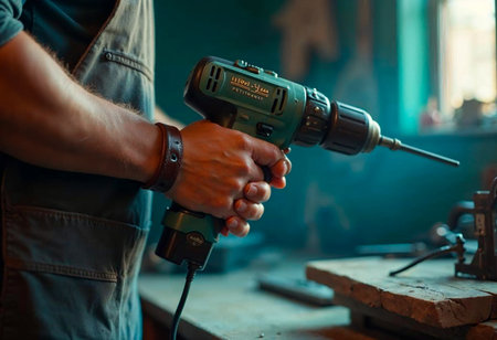 Close-up of worker using battery-powered drill in workshop with tools around