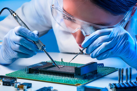 Close-up of hands working with microchip and tester on motherboard