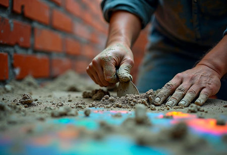 Gloved hand mixing wet cement in bucket with trowel at construction siteの写真素材