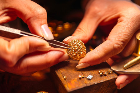 Artisan hands crafting fine gold jewelry using detailed tools in workshopの写真素材