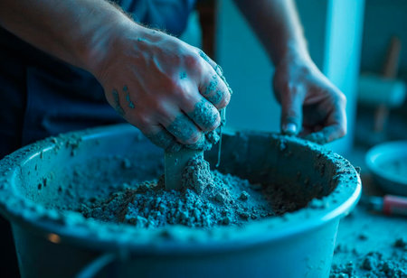 Gloved hand mixing wet cement in bucket with trowel at construction siteの写真素材