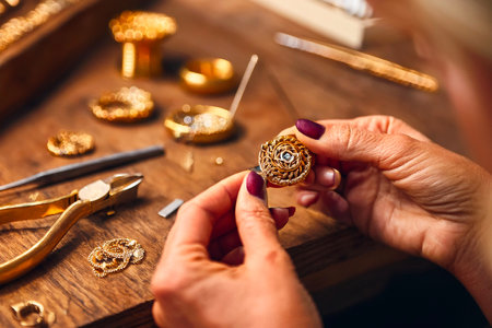 Artisan hands crafting fine gold jewelry using detailed tools in workshopの写真素材