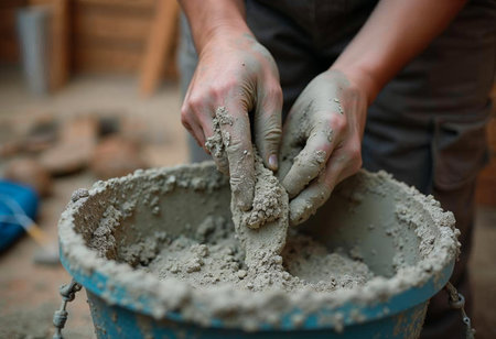 Gloved hand mixing wet cement in bucket with trowel at construction siteの写真素材