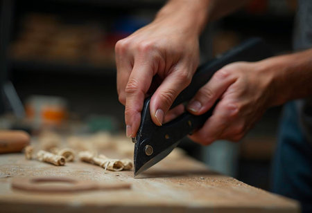 Close-up of woman's hand using cutter knife on wooden surface during craftingの写真素材