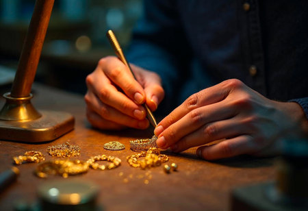 Artisan hands crafting fine gold jewelry using detailed tools in workshopの写真素材