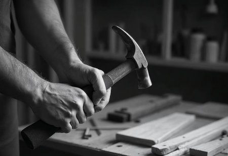 Close-up of hand gripping hammer tool on wooden table in workshopの写真素材
