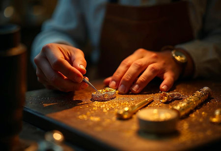 Artisan hands crafting fine gold jewelry using detailed tools in workshopの写真素材