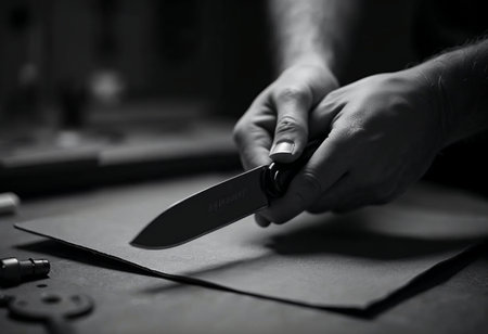 Close-up of woman's hand using cutter knife on wooden surface during craftingの写真素材