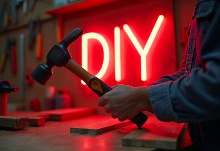 Close-up of man hand gripping hammer tool on wooden table in workshopの写真素材