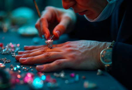 Artisan hands crafting fine gold jewelry using detailed tools in workshopの写真素材