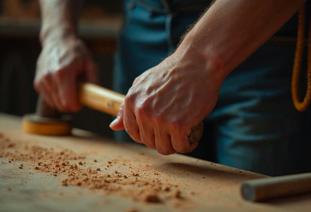 Close-up of man hand gripping hammer tool on wooden table in workshop