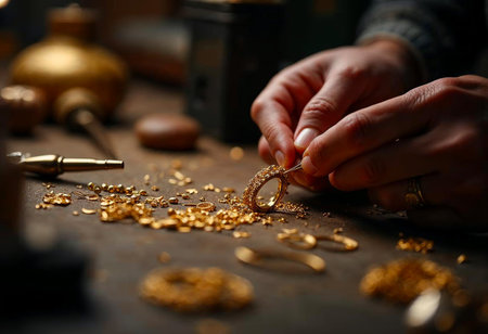 Artisan hands crafting fine gold jewelry using detailed tools in workshopの写真素材