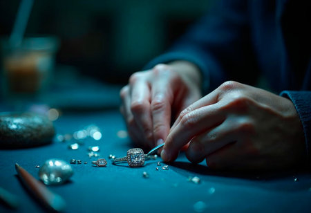 Artisan hands crafting fine gold jewelry using detailed tools in workshopの写真素材