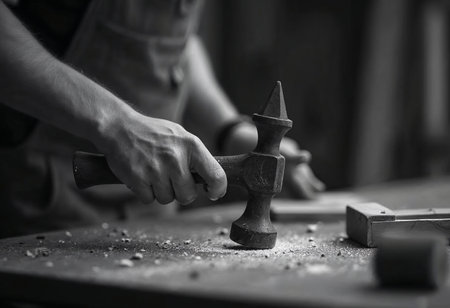 Close-up of hand gripping hammer tool on wooden table in workshopの写真素材