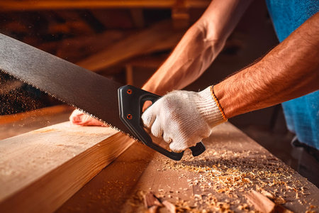 Manual saw cutting through wood plank on workbench during carpentry projectの写真素材