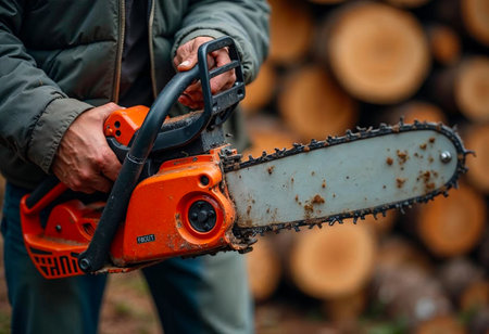 Close-up of man holding chainsaw with muddy blade near cut wood logsの写真素材