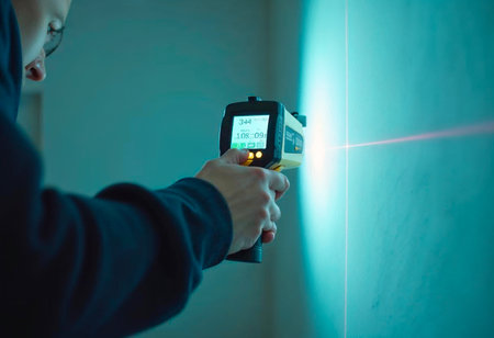Hand holding digital laser tool projecting horizontal and vertical red lines on wall