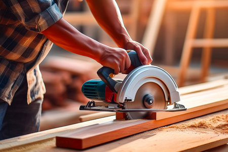 Gloved hands operating electric circular saw on wood during carpentry workの写真素材