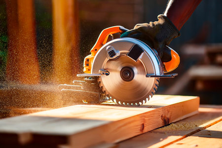 Gloved hands operating electric circular saw on wood during carpentry workの写真素材