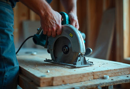 Gloved hands operating electric circular saw on wood during carpentry workの写真素材
