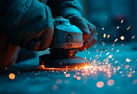 Close-up of worker grinding metal with angle grinder producing intense sparksの写真素材