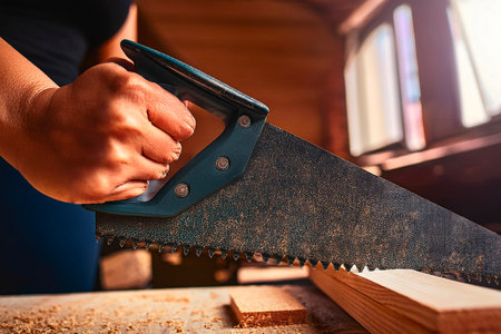 Manual saw cutting through wood plank on workbench during carpentry project