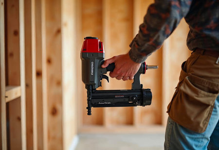 Worker using nail gun tool to secure wooden frames during house constructionの写真素材