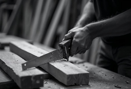 Manual saw cutting through wood plank on workbench during carpentry project