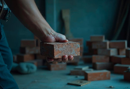 Gloved hand positioning perforated red brick during masonry work at construction siteの写真素材