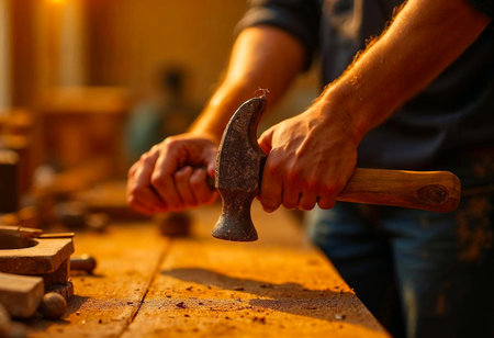 Close-up of man hand gripping hammer tool on wooden table in workshopの写真素材
