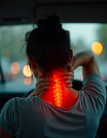 Back view of man holding painful neck with red highlighted areaの写真素材