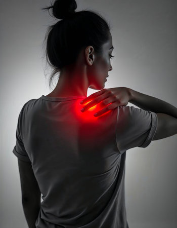 Individual touching painful shoulder with red glow indicating inflammation or tension