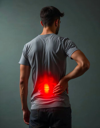 Male holding lower back with glowing red spine area, rear view in studio