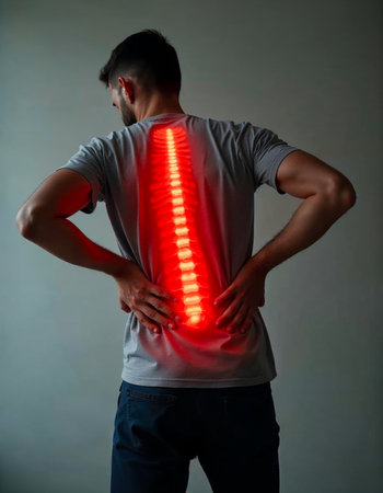 Male holding lower back with glowing red spine area, rear view in studio