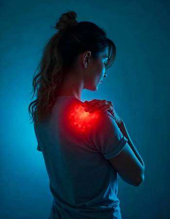 Individual touching painful shoulder with red glow indicating inflammation or tensionの写真素材