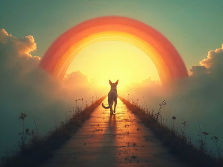 A dog walks into the light under a rainbow in heavenの写真素材