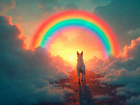 A dog walks into the light under a rainbow in heavenの写真素材