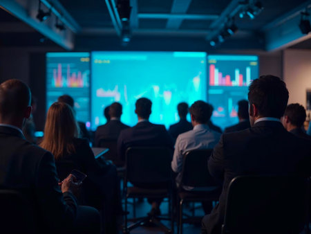 Audience attending a professional meeting with charts and analytics displayed