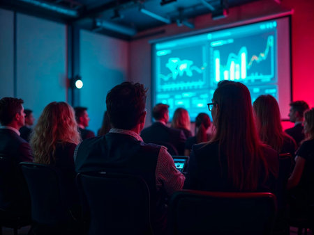 Audience attending a professional meeting with charts and analytics displayedの写真素材